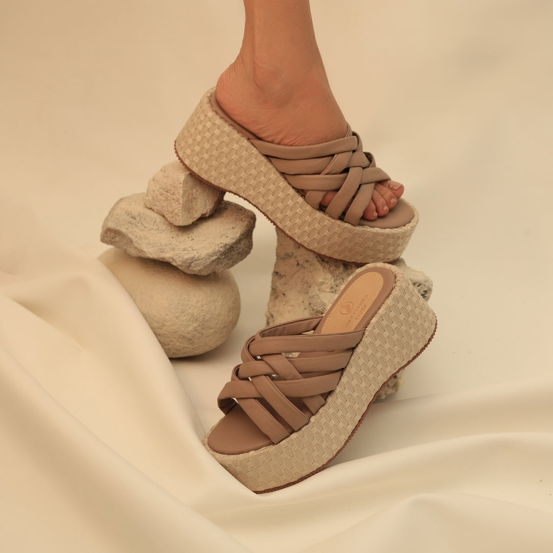 PLATAFORMAS CALA TEXTIL HUESO X CUERO BEIGE