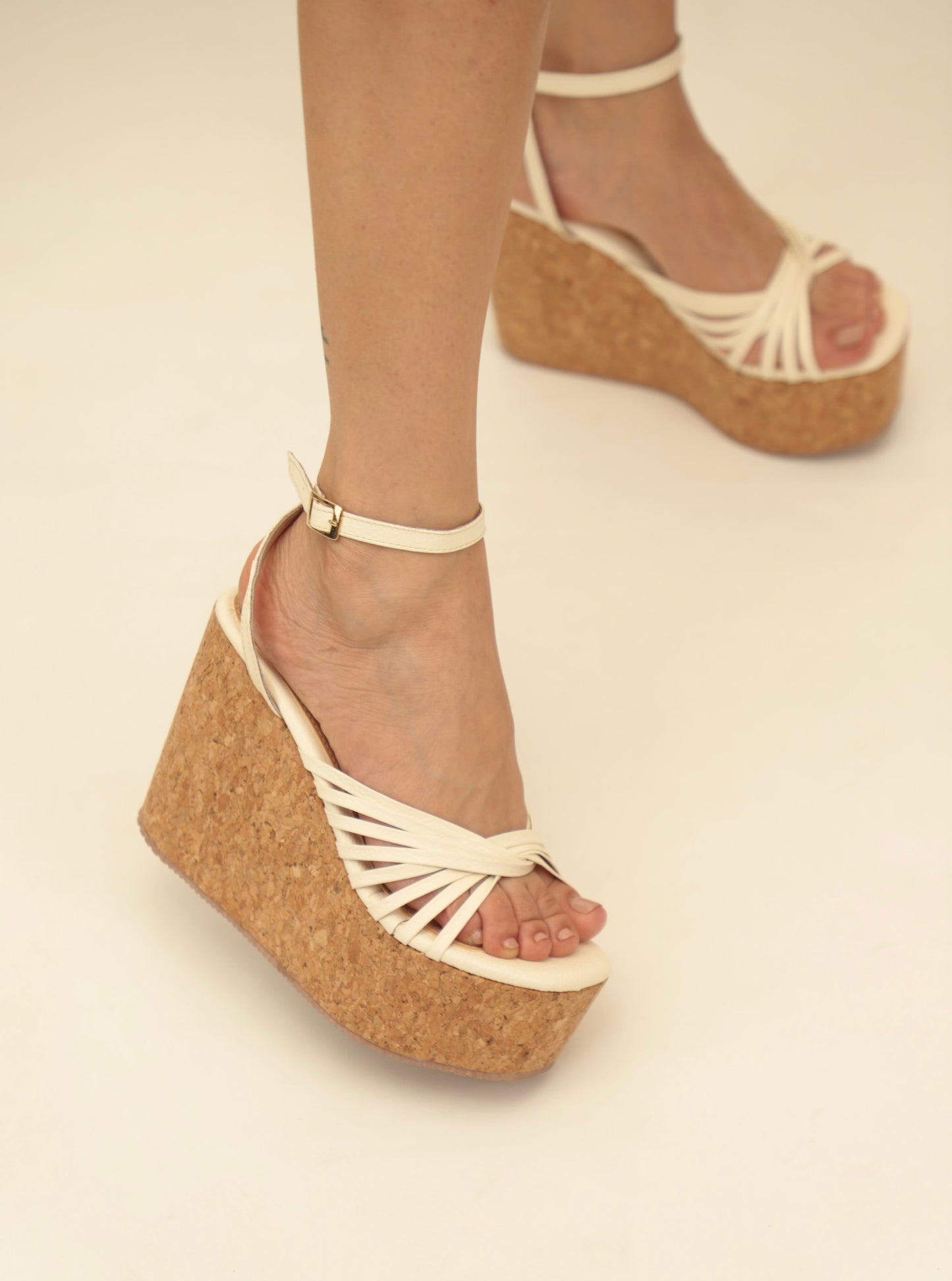 SANDALIAS DE PLATAFORMA EN CUERO Y CORCHO PARA MUJER VERA BLANCO HUESO