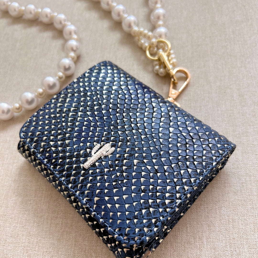 MINI AMAN BAG AZUL X PLATA CASCABEL PEARL EDITION